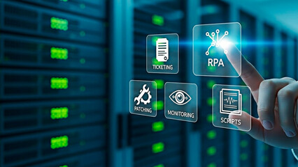 A hand interacting with virtual technology icons in a server room