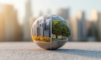 Ecological balance concept globe featuring nature and urban landscape
