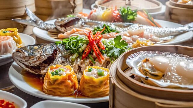 Assorted dim sum gleams in stacked bamboo steamers on a table vibrant dumplings and colorful sauces