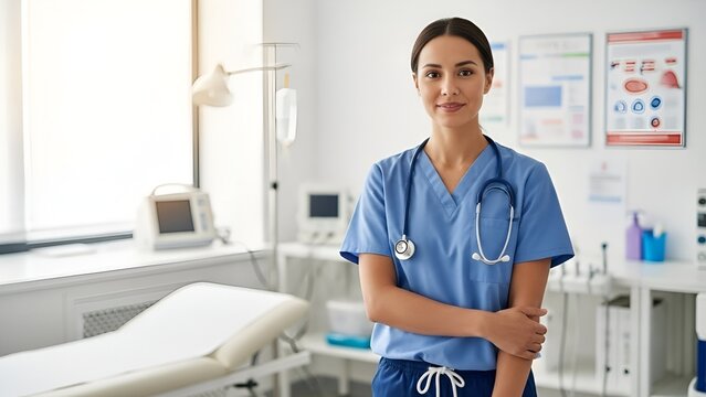 A smiling female doctor stands in a medical examination room wearing blue scrubs and a stethoscope. - Powered by Adobe
