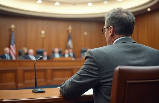 Man in suit speaks at courtroom hearing. Attorney provides expert testimony. Judge jury members. Justice concept. Legal system proceedings. Professional legal advice.