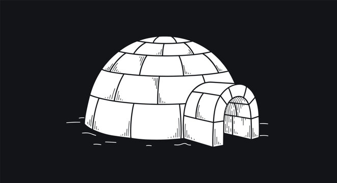 A white line art illustration of a classic dome-shaped igloo made of ice blocks with a tunnel entrance on a dark background.