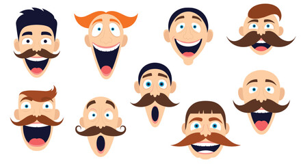 Set of funny cartoon male faces with different mustaches hairstyles and expressions of surprise and happiness for design.