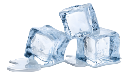 Crystal-clear ice cubes artfully stacked on a bright, reflective white surface,blue tint and contain delicate internal air bubbles,coldness, purity.
