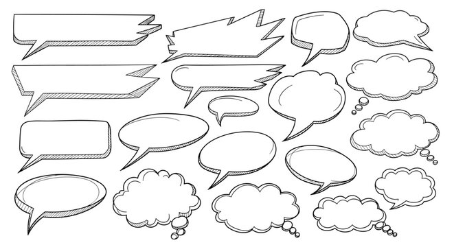 Large collection of hand-drawn speech bubbles and thought clouds in various shapes for comics and communication designs.