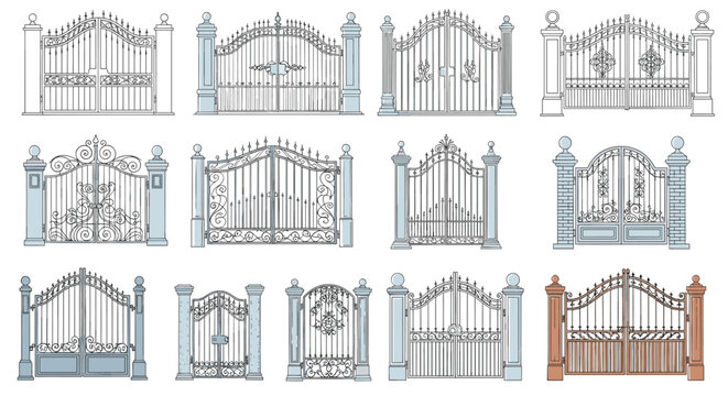 Collection of ornate and elegant vintage forged metal gates and fences in a hand-drawn sketch style for architectural design.