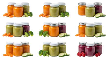 Baby Food Jars: Puree of Carrot, Peas, Broccoli and Beetroot with Ingredients