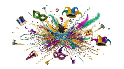 A colorful Brazilian Carnaval celebration with masks and confetti on transparent background