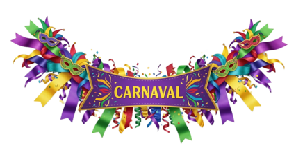 A colorful Carnaval banner with masks and ribbons on transparent background