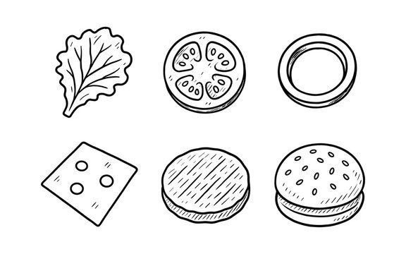 Hand-drawn burger ingredients laid out in a simple, clean illustration style