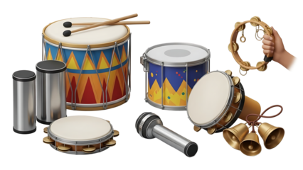 A colorful assortment of Brazilian Carnaval musical instruments on transparent background
