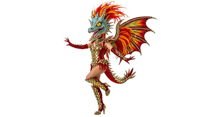 A vibrant Brazilian Carnaval dancer wearing a dragon costume on transparent background