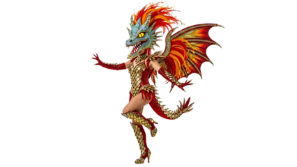 A vibrant Brazilian Carnaval dancer wearing a dragon costume on transparent background