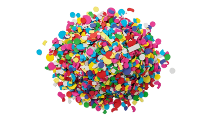 A vibrant pile of colorful confetti on transparent background