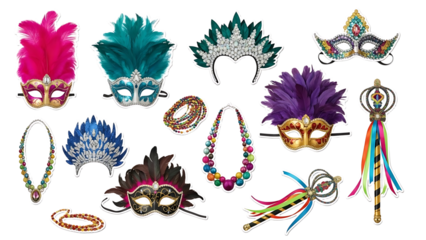 A collection of colorful masquerade masks and accessories on transparent background