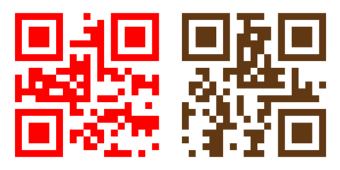 Two qr codes in red and brown on transparent background