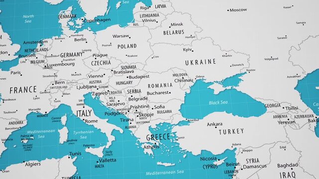 European countries on the world map. 4K animation.
