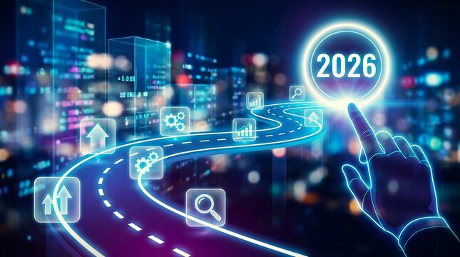 Digital Road to 2026 Vision for Futuristic Smart City Technology Website Banner - Powered by Adobe