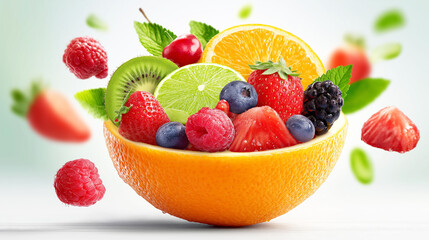 Orange peel bowl filled with tasty fresh fruit slices, colorful healthy mix, natural vitamins, clean nutrition, creative food presentation and wellness lifestyle concept.