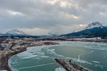 Aerial view of Glacier National Park and St Marys Lake in January
