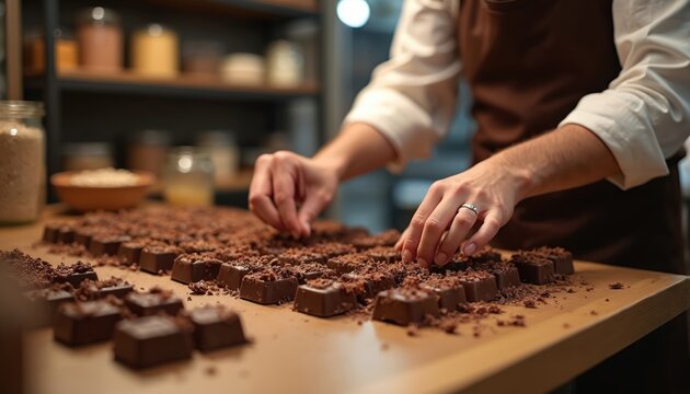 Confectioner makes chocolate sweets. Chef prepares candy from cocoa at table. Woman in apron adds sprinkles on sweet dessert. Small homemade candies at food factory. Sweet production process underway.
