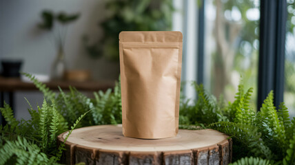 Eco friendly brown paper pouch on wooden stump with green ferns