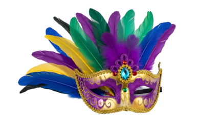 A vibrant purple and gold masquerade mask with colorful feathers on transparent background