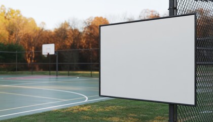 Horizontal blank white signboard on chain link fence at outdoor basketball court with autumn trees background