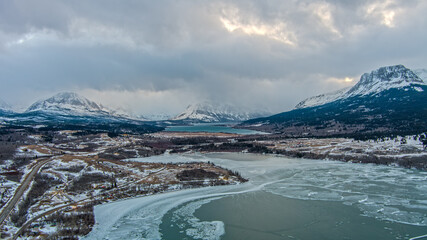 Aerial view of Glacier National Park and St Marys Lake in January