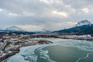 Aerial view of Glacier National Park and St Marys Lake in January