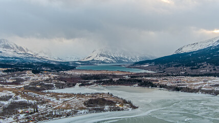 Aerial view of Glacier National Park and St Marys Lake in January