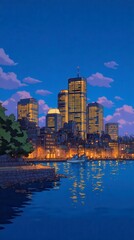 Futuristic City Pop Scene, vibrant waterfront cityscape at dusk, glowing towers shimmering in glassy water, capturing the essence of 1990 anime aesthetics and urban life