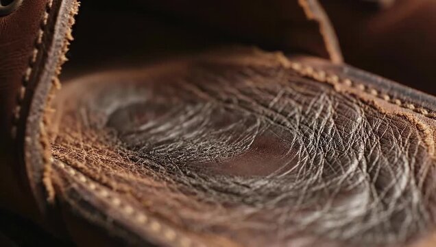 Close up of weathered leather texture with intricate details and stitching