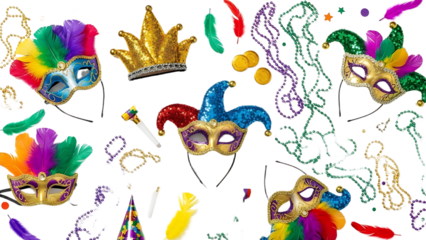 A vibrant collection of colorful masks and accessories on transparent background for Brazilian Carnaval celebrations