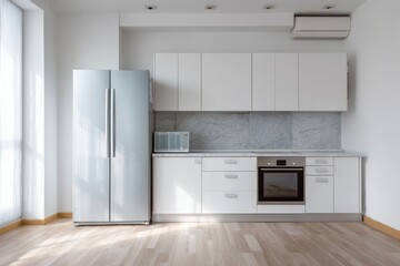 Fototapeta premium Contemporary kitchen interior showcasing light wood flooring and sleek white cabinetry