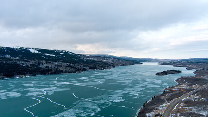 Aerial view of Glacier National Park and St Marys Lake in January