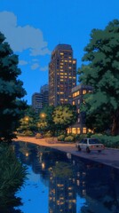 Obraz premium Twilight Symphony in a Futuristic City, vibrant city pop aesthetics, high-rise structures bathed in soft glow, reflections creating harmony and tranquility in an urban landscape