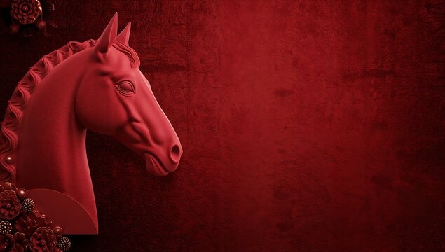 A corporate Chinese New Year scene with a refined horse head relief on a dark red textured background, muted gold accents, realistic depth lighting, minimalist layout, and ample copy space for premium - Powered by Adobe