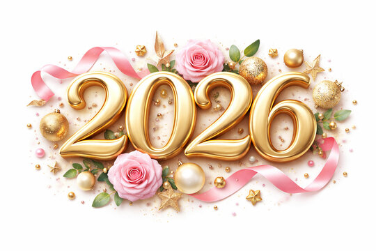 Golden 2026 New Year Numbers with Pink Roses and Festive Decor