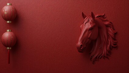 A corporate Chinese New Year scene with a refined horse head relief on a dark red textured background, muted gold accents, realistic depth lighting, minimalist layout, and ample copy space for premium