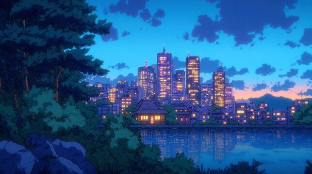 Neon Dreams of the Future, a vibrant depiction of a 1990s anime-inspired city pop landscape, showcasing a luminous cityscape mirrored in a serene lake under a cinematic sci-fi atmosphere.
