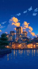 Fototapeta premium Twilight Cyberpunk Cityscape, vibrant city skyline reflecting on smooth water, infused with city pop aesthetics, capturing a nostalgic 1990s anime vibe and luminous colors.