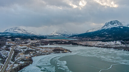 Aerial view of Glacier National Park and St Marys Lake in January