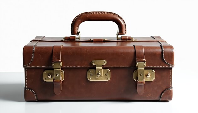 Close up studio shot shows leather suitcase. Old retro style brown bag with handle. Isolated travel briefcase with brass locks on white backdrop. Baggage item is ready for journey.