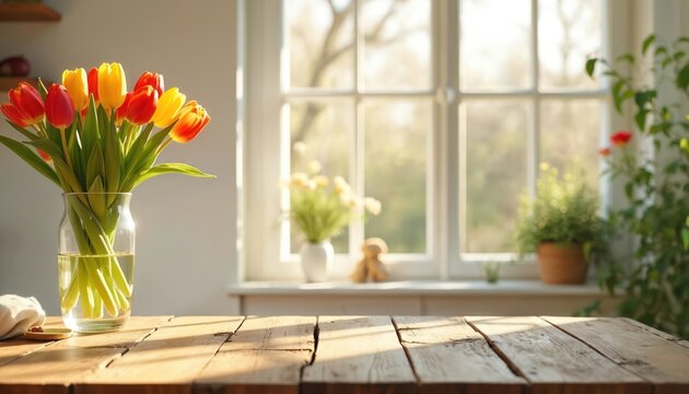 Bright kitchen interior with tulips in vase. Sunny morning light streams through window onto rustic wooden table. Copy space for product display or composition.