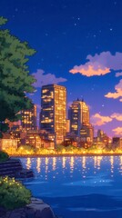 Naklejka premium Anime-inspired city pop scene, vibrant sci-fi skyline with floating lights, serene ocean reflections, enchanting purple-blue twilight atmosphere, nostalgic 1990s aesthetic
