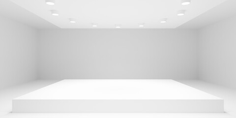 Empty white room or gallery background with circular array of spotlights on top of podium