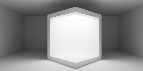 Empty white room or gallery background with center cube cabinet or display for object presentation