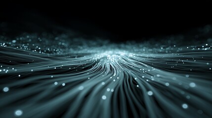 Streams of luminous data particles merge into a visual pattern in a dark space