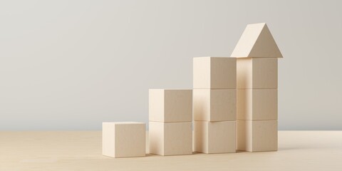 Wooden blocks rising graph, the last one in arrow shape on wooden table, business development, increase or career success concept